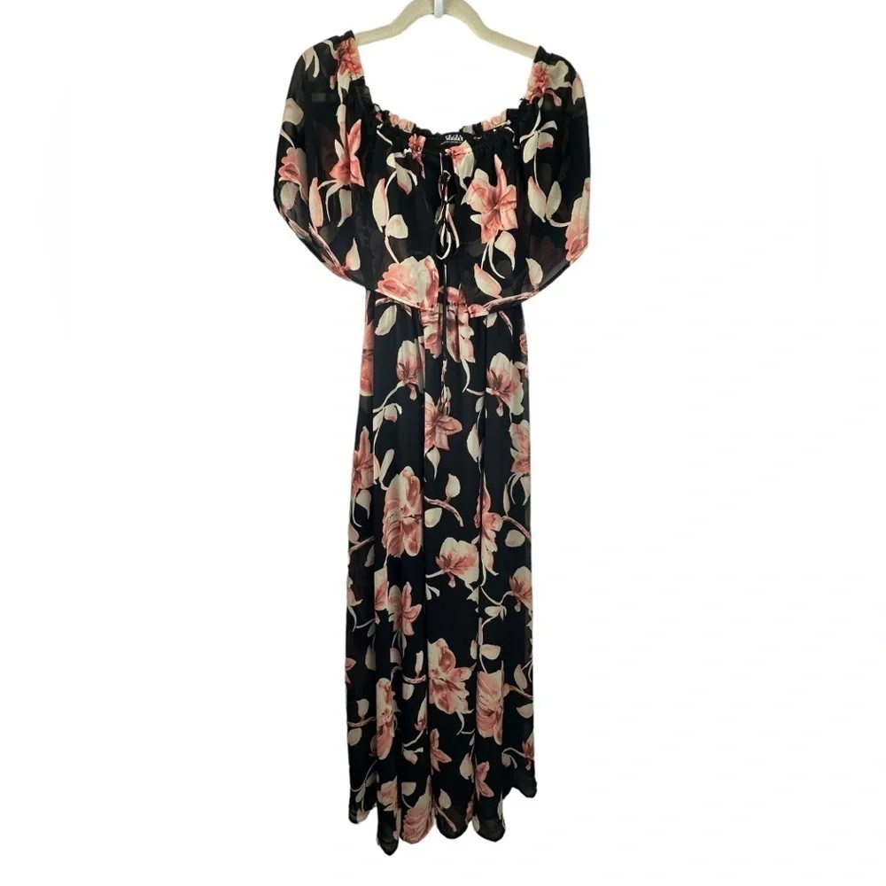 Lulus Infinite Love‎ Black Floral Print Off-the-Shoulder Maxi Dress Sz Small